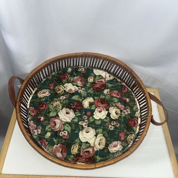 Vintage 70 Floral Roses Rattan Round Serving Tray Wicker Leather Handles